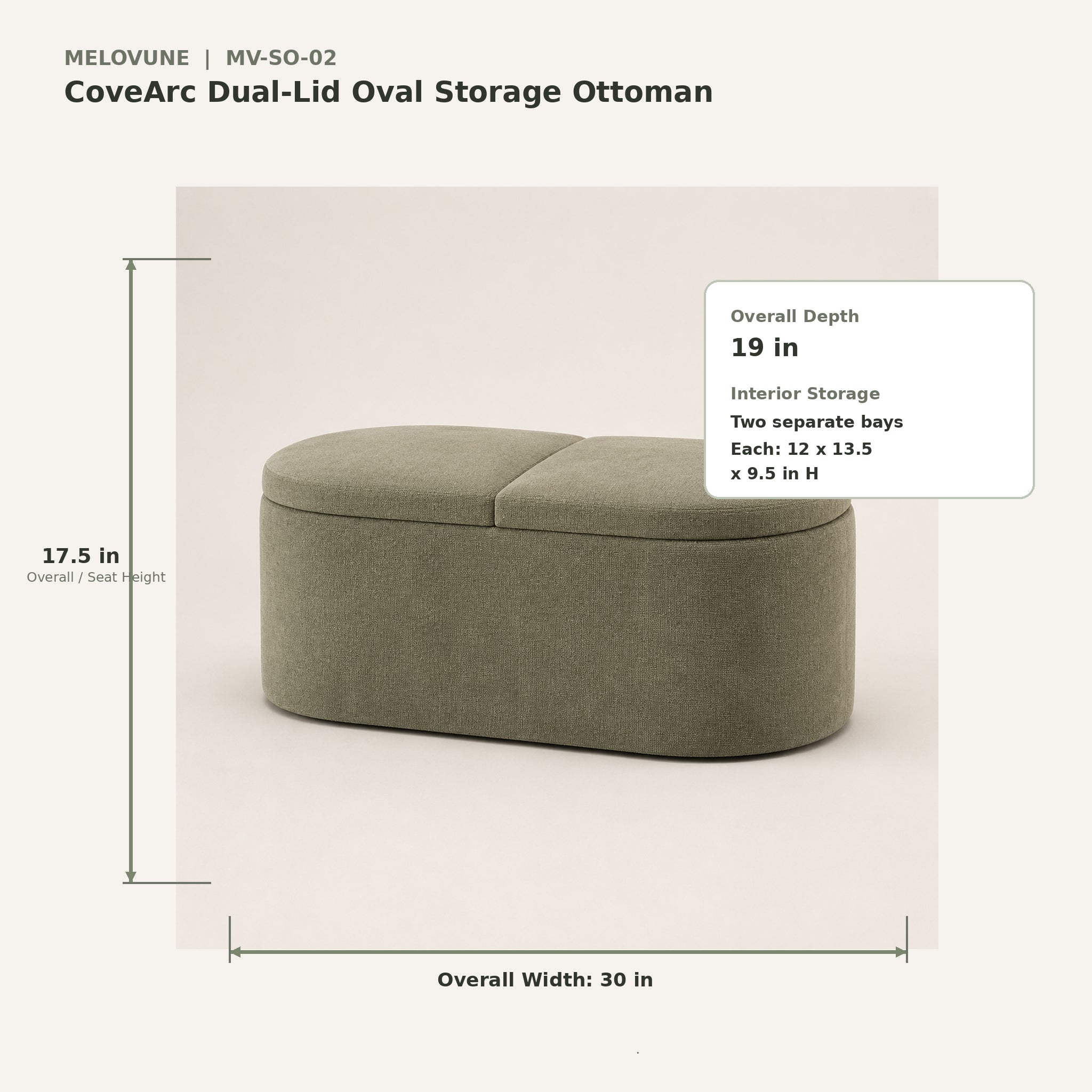CoveArc Dual-Lid Oval Storage Ottoman